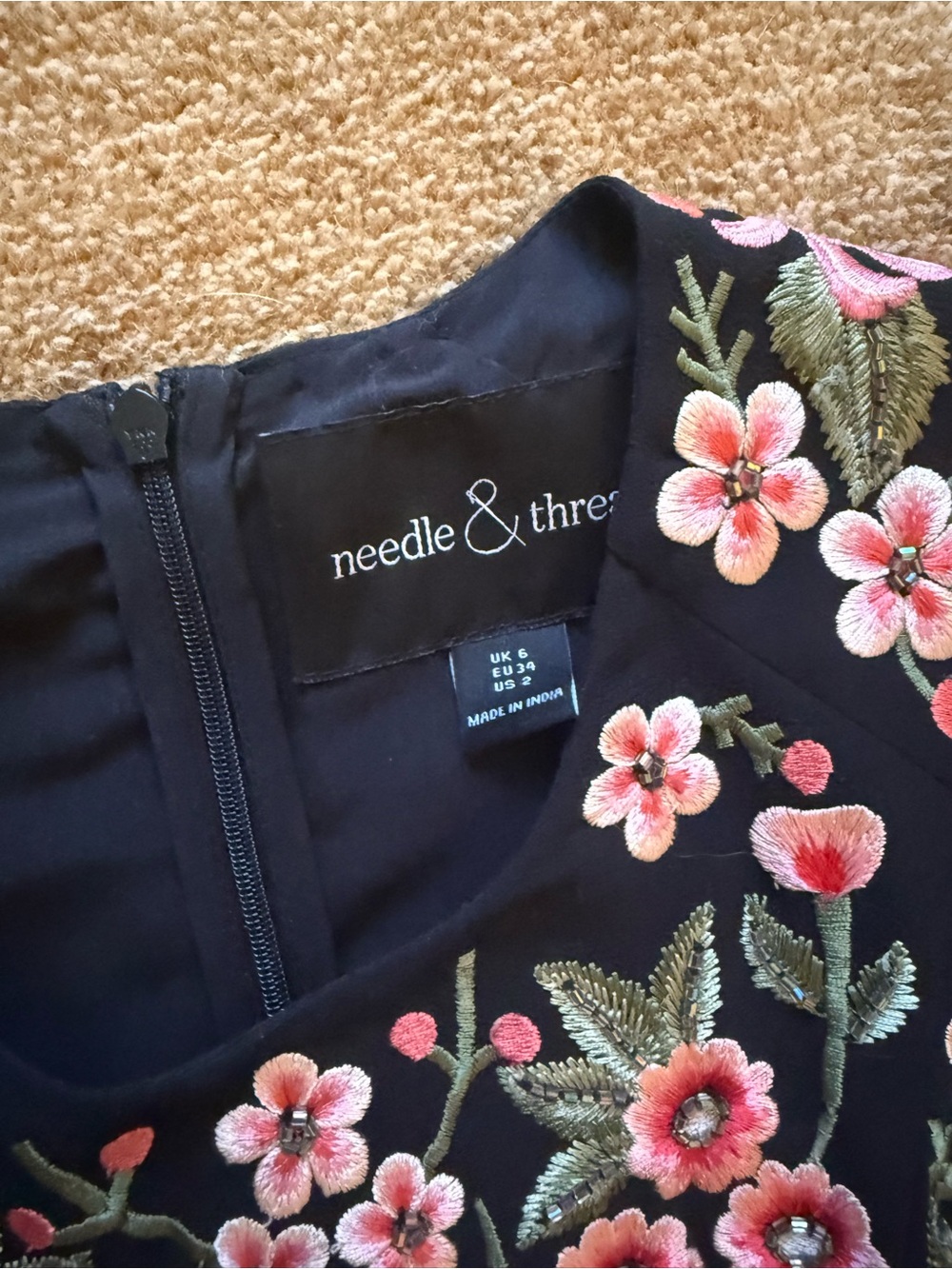 Needle & Thread Black Mini Dress with Pink and Green Floral Embroidery - Picture 4 of 4